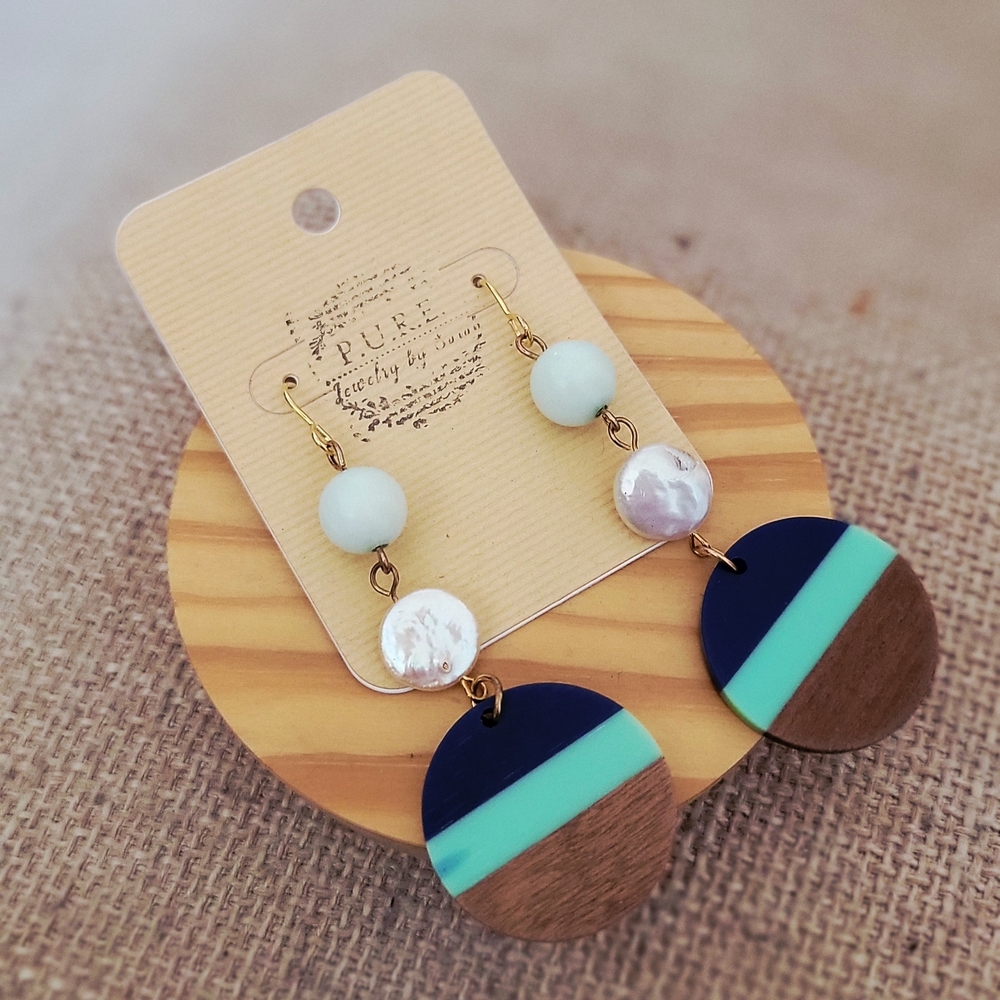 Pure Aqua & Navy Colorblock Drop Earrings with Wood Accent